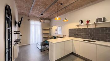 Family Apartment, Balcony | Private kitchen | Fridge, microwave, oven, stovetop