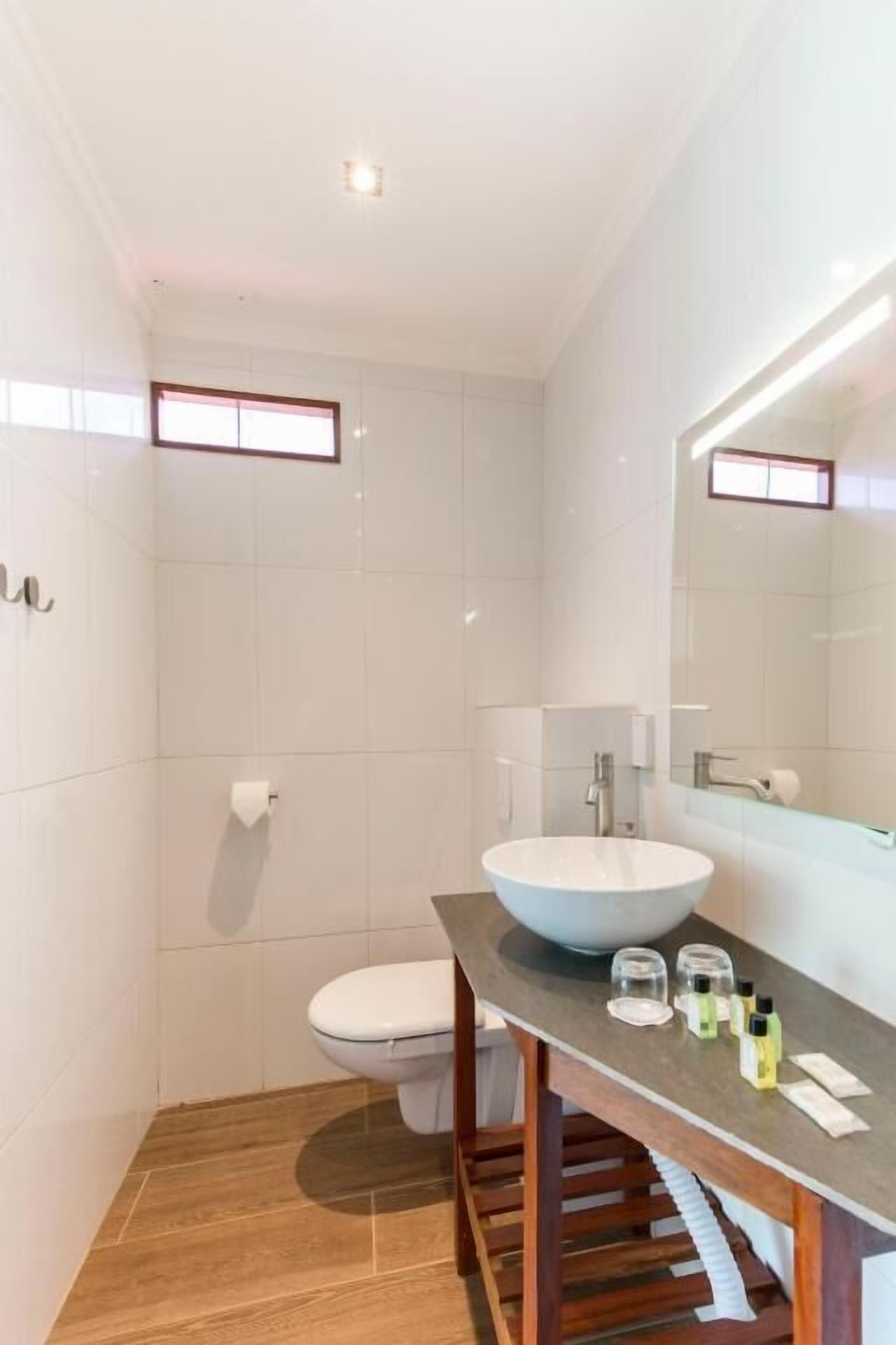 Un baño moderno con inodoro blanco, un lavamanos con pileta de pedestal y un espejo sobre el lavamanos.