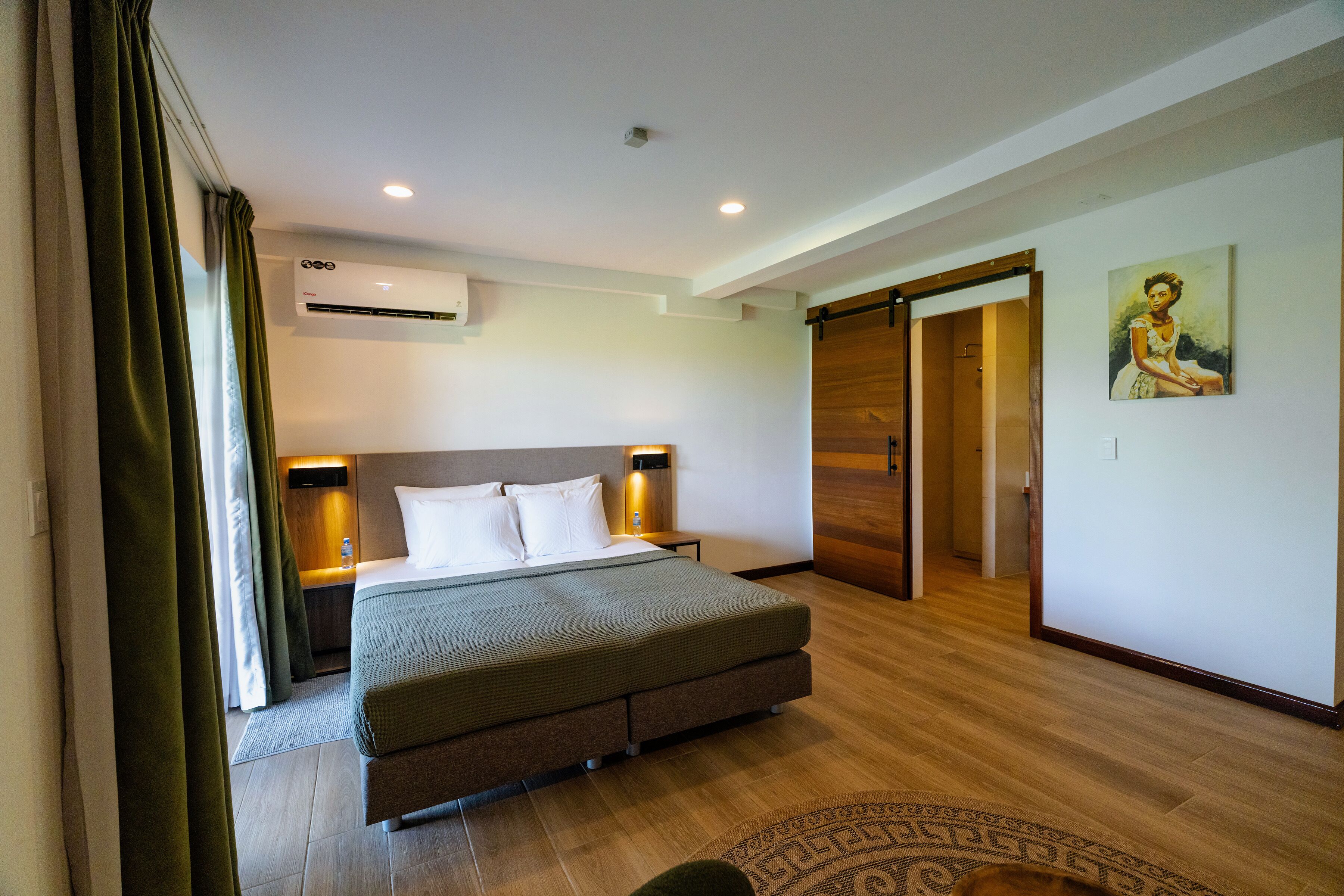 Habitación de hotel con cama, mesitas de noche, unidad de aire acondicionado, un cuadro en la pared y una puerta corredera que da a la zona de la ducha.