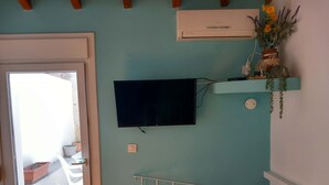 A room with teal walls, a mounted TV, an air conditioning unit, a small shelf with a plant, and a white railing.