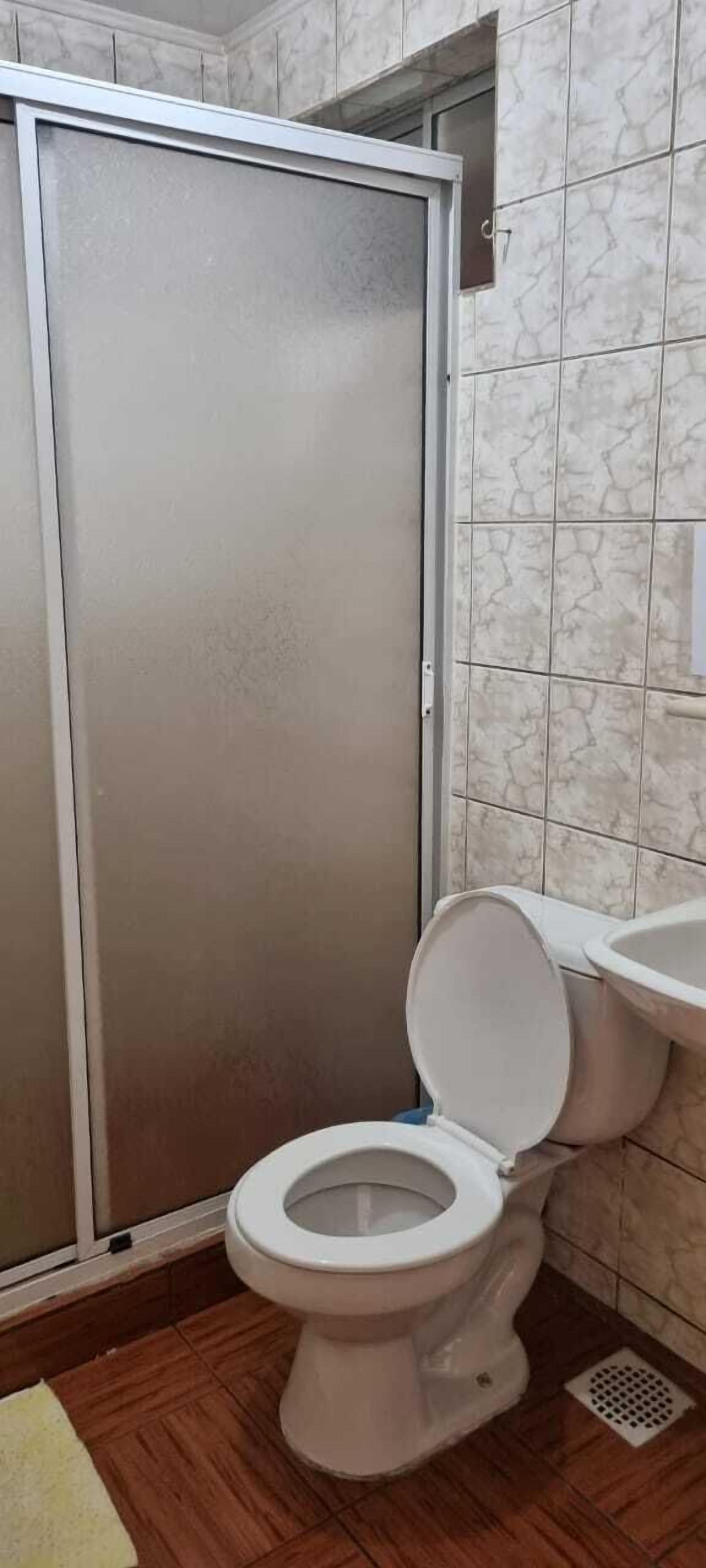 Une salle de bain comprenant des toilettes, un espace douche et un lavabo.