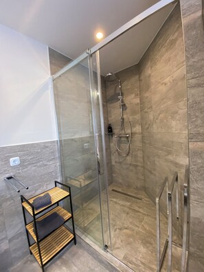 Shower, eco-friendly toiletries, hair dryer, towels