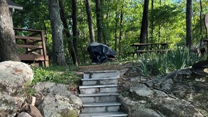 A stone staircase leading up to a wooden deck surrounded by rocks and trees. - Bear Brow Cabin. Amazing view from brow to valley below. (Mentone)