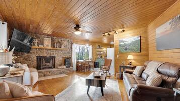 Smart TV, fireplace, books