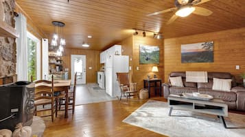 Smart TV, fireplace, books