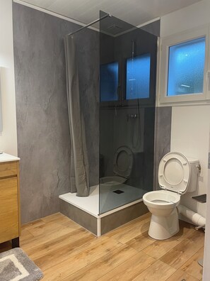 Dusche, Haartrockner, Hausschuhe, HandtĂŒcher