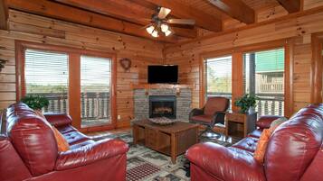 Smart TV, fireplace, foosball