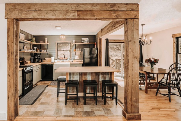 Fully stocked kitchen with reclaimed beams