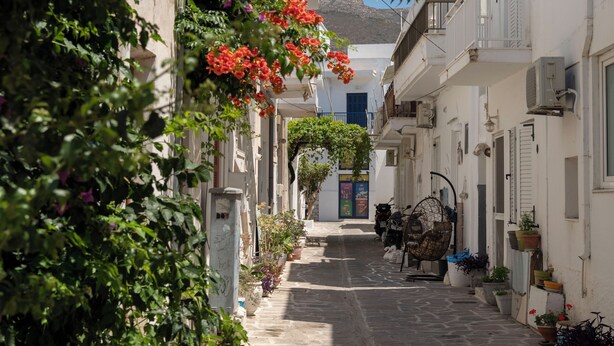Una stretta via lastricata in pietra, affiancata da edifici bianchi con balconi, piante in vaso e fiori pendenti.