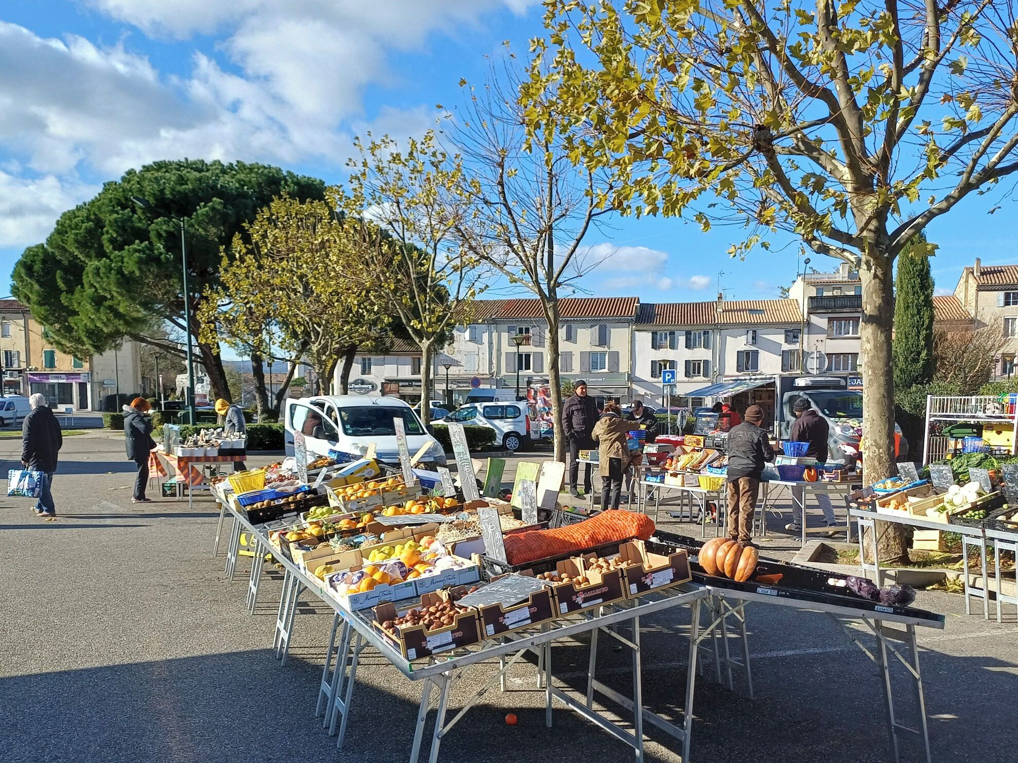 Een markt in de open lucht met diverse kraampjes waar fruit, groenten en gebak worden verkocht.