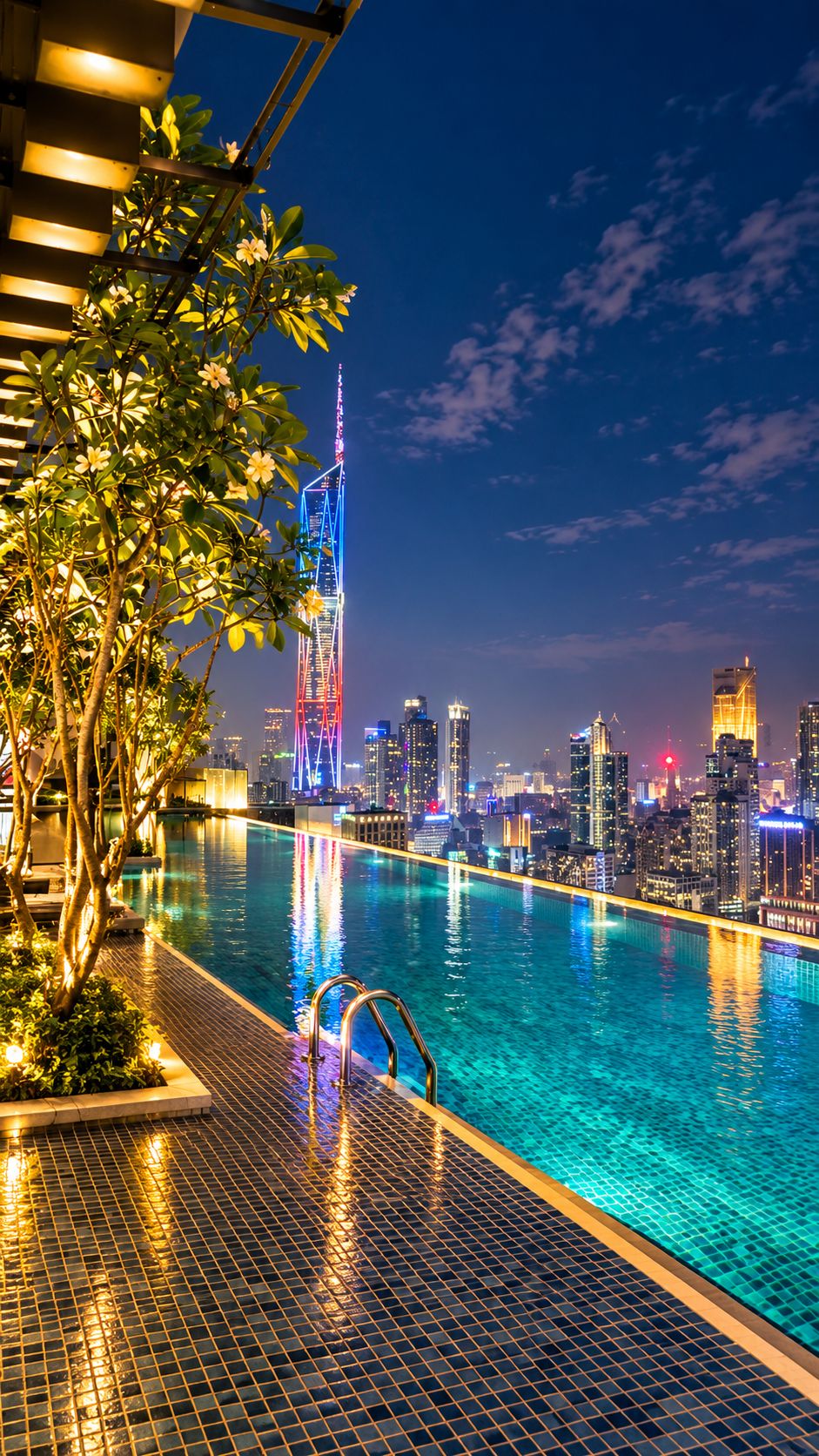 Blick auf einen Pool bei Nacht, im Hintergrund die Skyline einer Stadt.