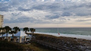 A beach view with a boardwalk, palm trees, and a flag.