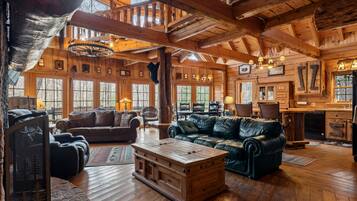 TV connectée, cheminée, lecteur de DVD, livres