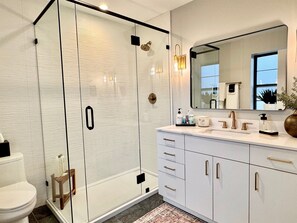 Shower, hair dryer, towels