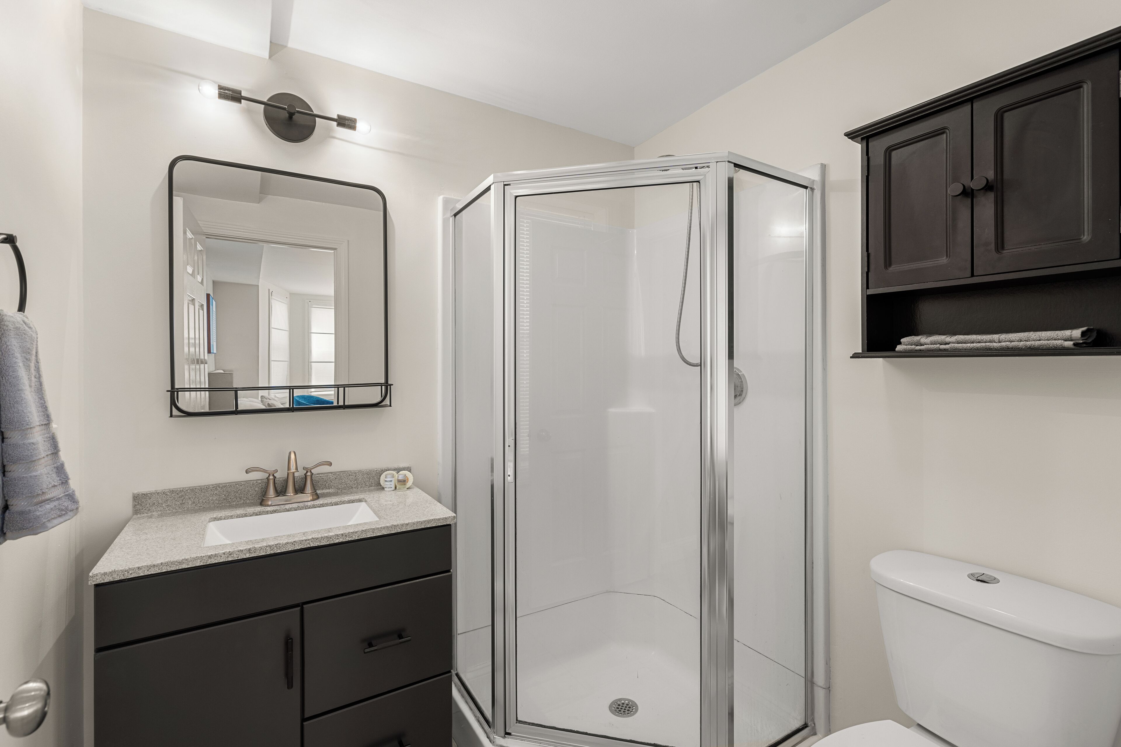 A bathroom with a glass-enclosed shower, a sink with a mirror above it, and a toilet.