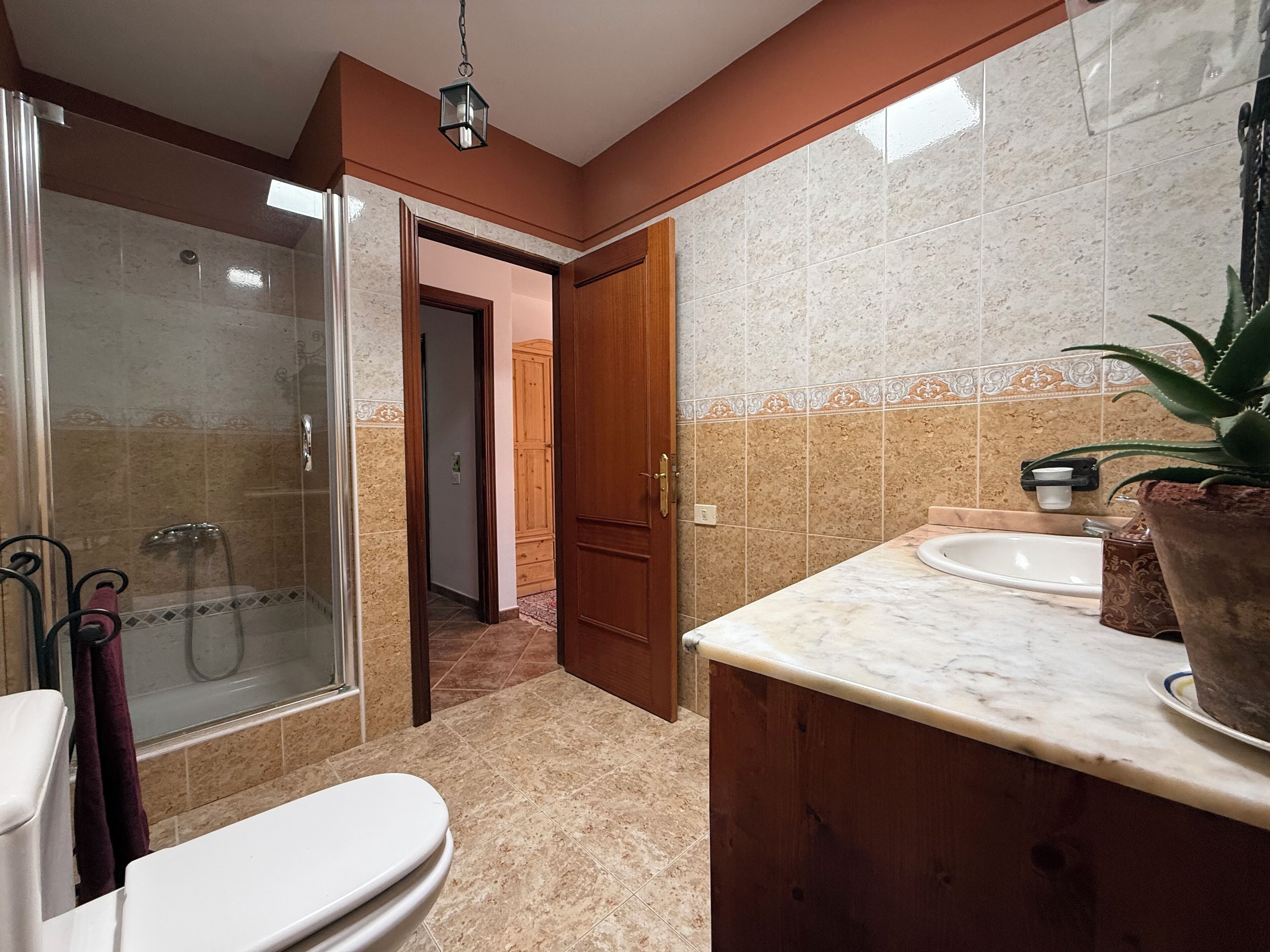 A bathroom with a glass-enclosed shower, a toilet, a sink, and a potted plant.