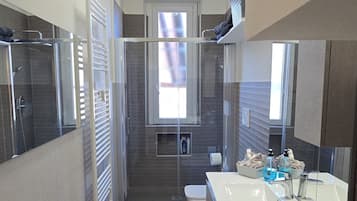 Shower, hair dryer, bidet, towels