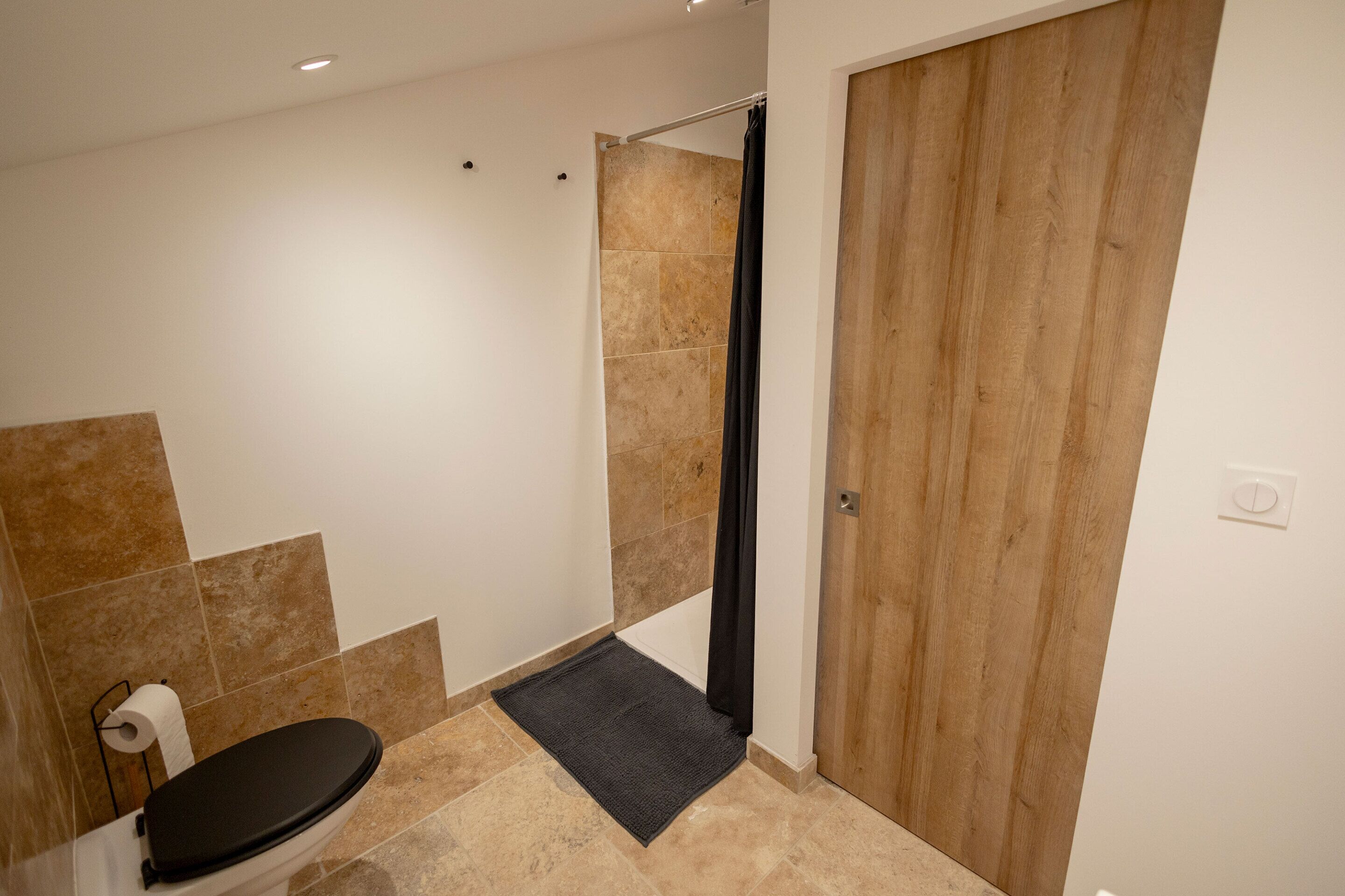 Baño con inodoro, ducha y puerta de madera.