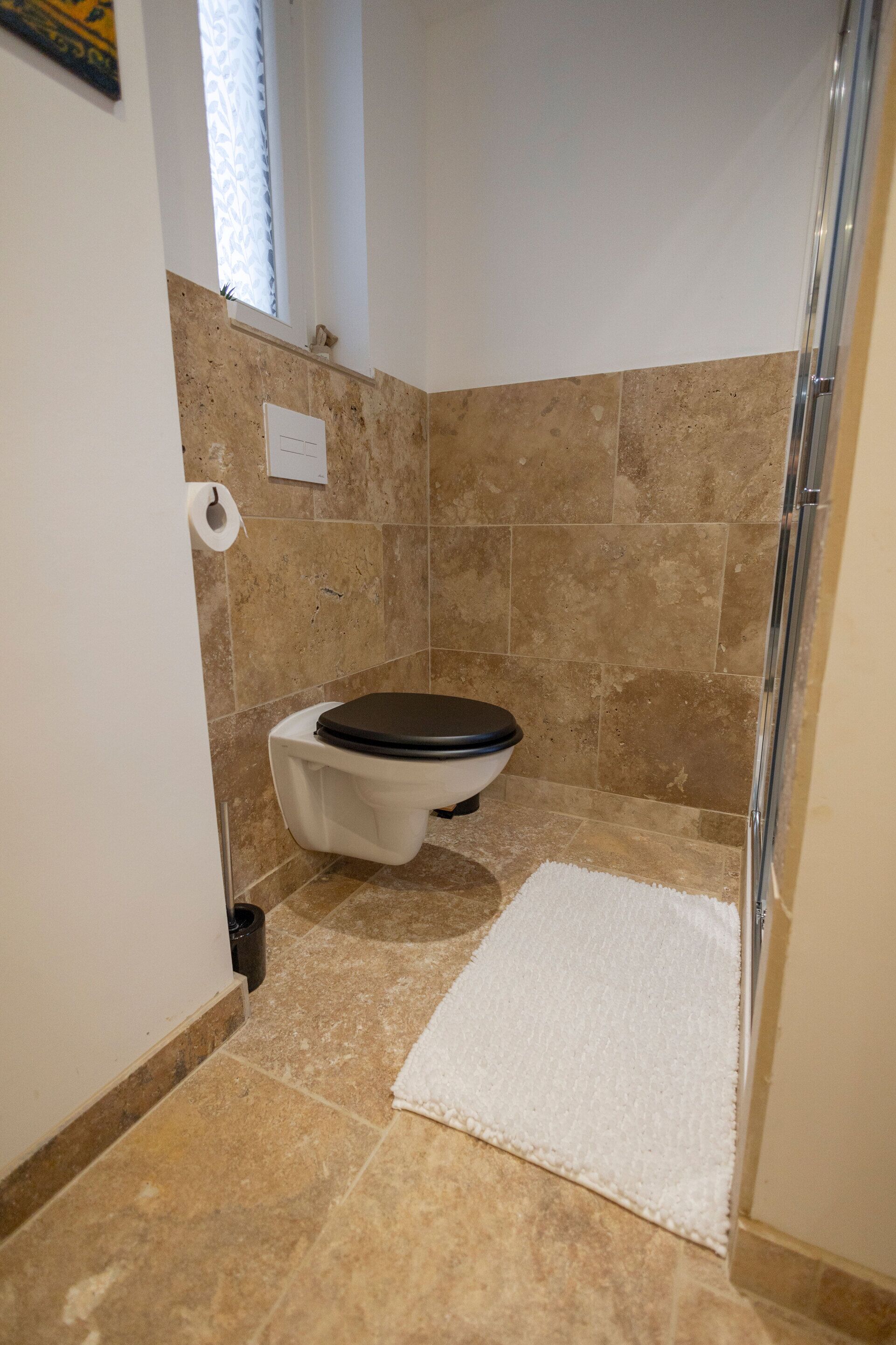 A bathroom with a toilet, a white rug, and a shower area.