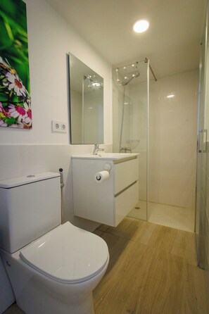 Shower, hair dryer, towels, toilet paper