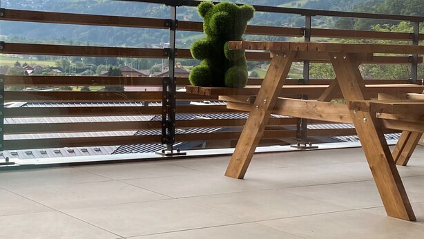 Een balkon met houten hekwerk, een groene teddybeer en uitzicht op besneeuwde bergen.