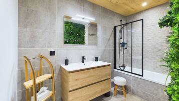 Hair dryer, towels, toilet paper