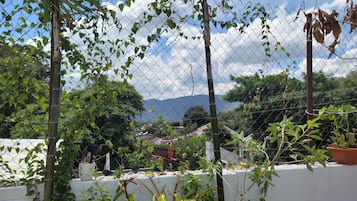 Una cerca de malla con follaje y un paisaje montañoso al fondo.