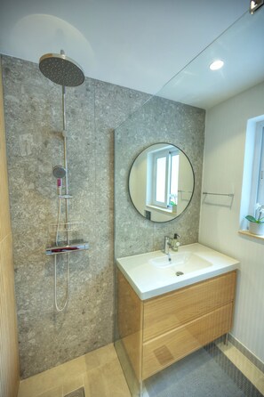 Shower, hair dryer, towels, toilet paper