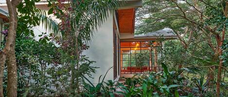 A modern building with a large glass window, surrounded by lush greenery and trees.