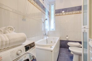 Shower, hair dryer, bidet, towels