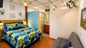 A bedroom with a bed, a sofa, a bathroom, and a shower.