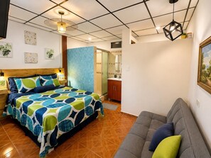 A bedroom with a bed, a sofa, a bathroom, and a shower.