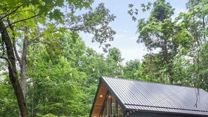 A modern cabin with a deck, outdoor seating, and a hammock. - The Squire at Dunlap Ridge (Rockbridge)