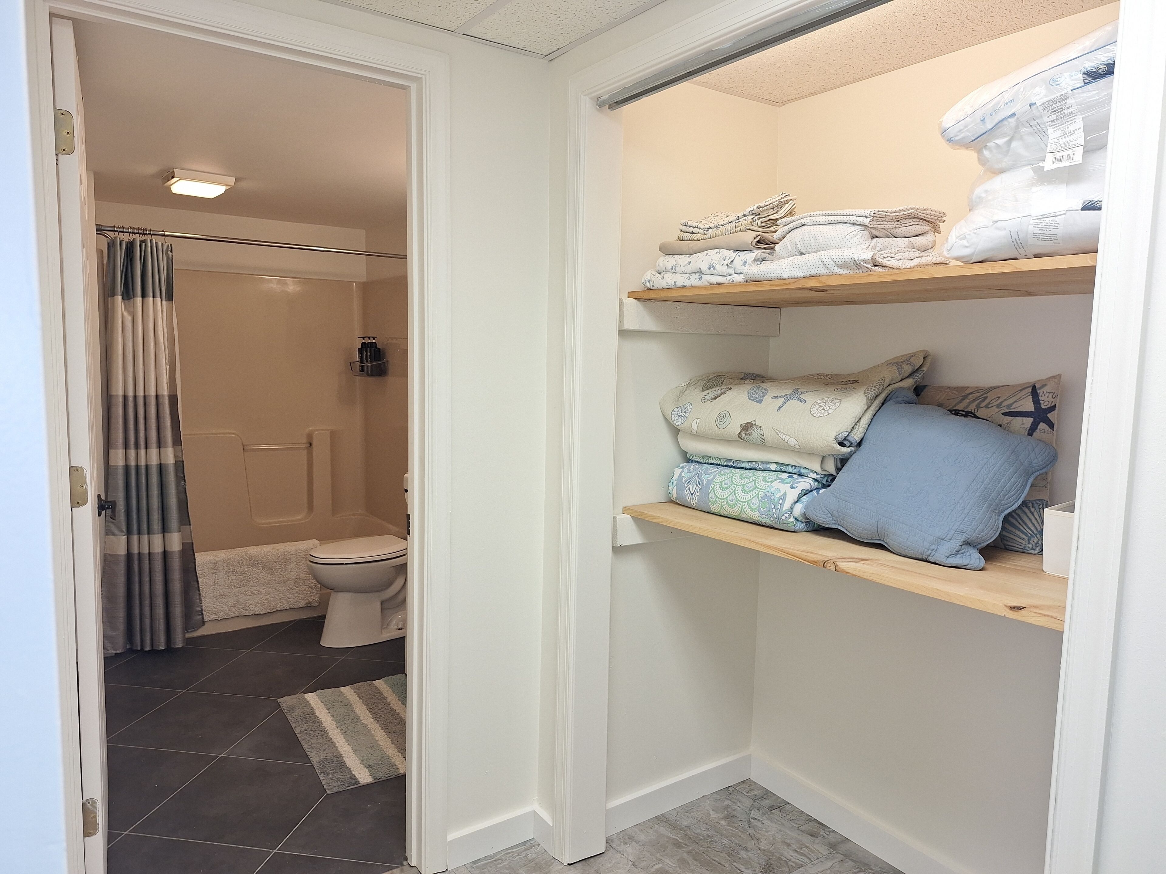 Hair dryer, towels, soap, toilet paper