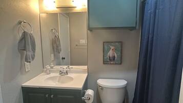 Hair dryer, towels, soap, toilet paper