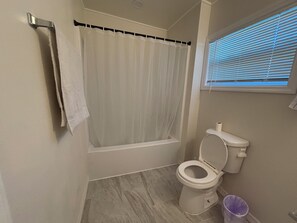 Hair dryer, towels, soap, shampoo