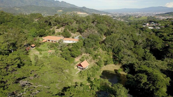 Vista aérea de una propiedad con varias edificaciones rodeadas de abundante vegetación y un pequeño estanque.