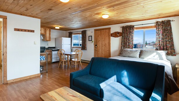 A cozy room with a wooden ceiling, a bed, a blue sofa, a dining table with chairs, and a kitchen area.