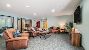 Smart TV, fireplace, video games, foosball