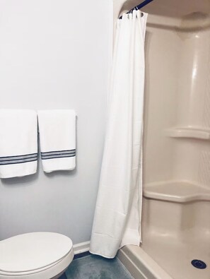 Douche, sèche-cheveux, serviettes fournies, savon