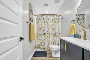 Hair dryer, towels, soap, toilet paper