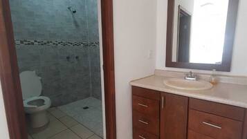 Shower, towels, soap, toilet paper