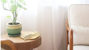 Una stanza con una sedia di legno, un piccolo tavolino con una pianta in vaso e un oggetto decorativo, e una tenda leggera.