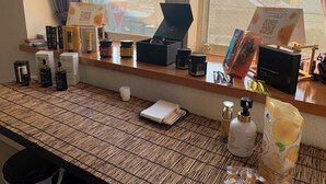 A neatly arranged counter with various products, including jars and boxes, likely in a hotel or spa setting. - Large 3-bedroom house in Ota-ku suburb with garden. Close to city and airport. (Ota City)