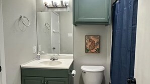 Une salle de bain avec un meuble vert, des toilettes blanches et un rideau de douche bleu.