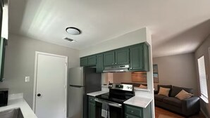 Une cuisine de taille réduite avec des meubles de couleur verte, un réfrigérateur en acier inoxydable et une cuisinière noire.