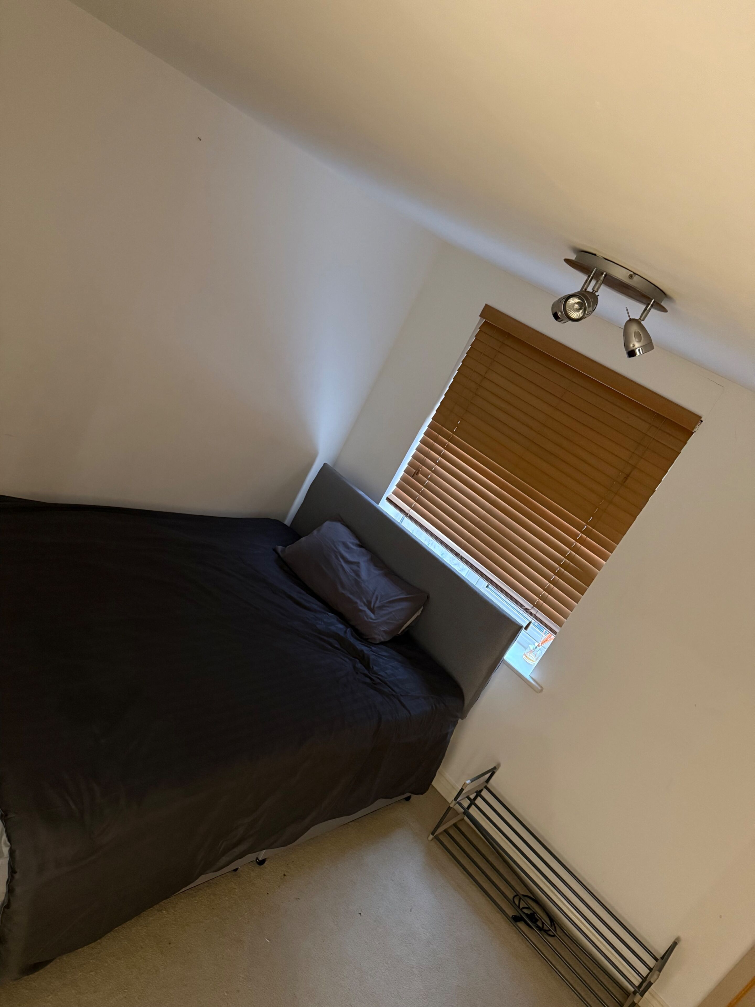 A bedroom with a bed, a window with blinds, a ceiling light fixture, and a radiator.