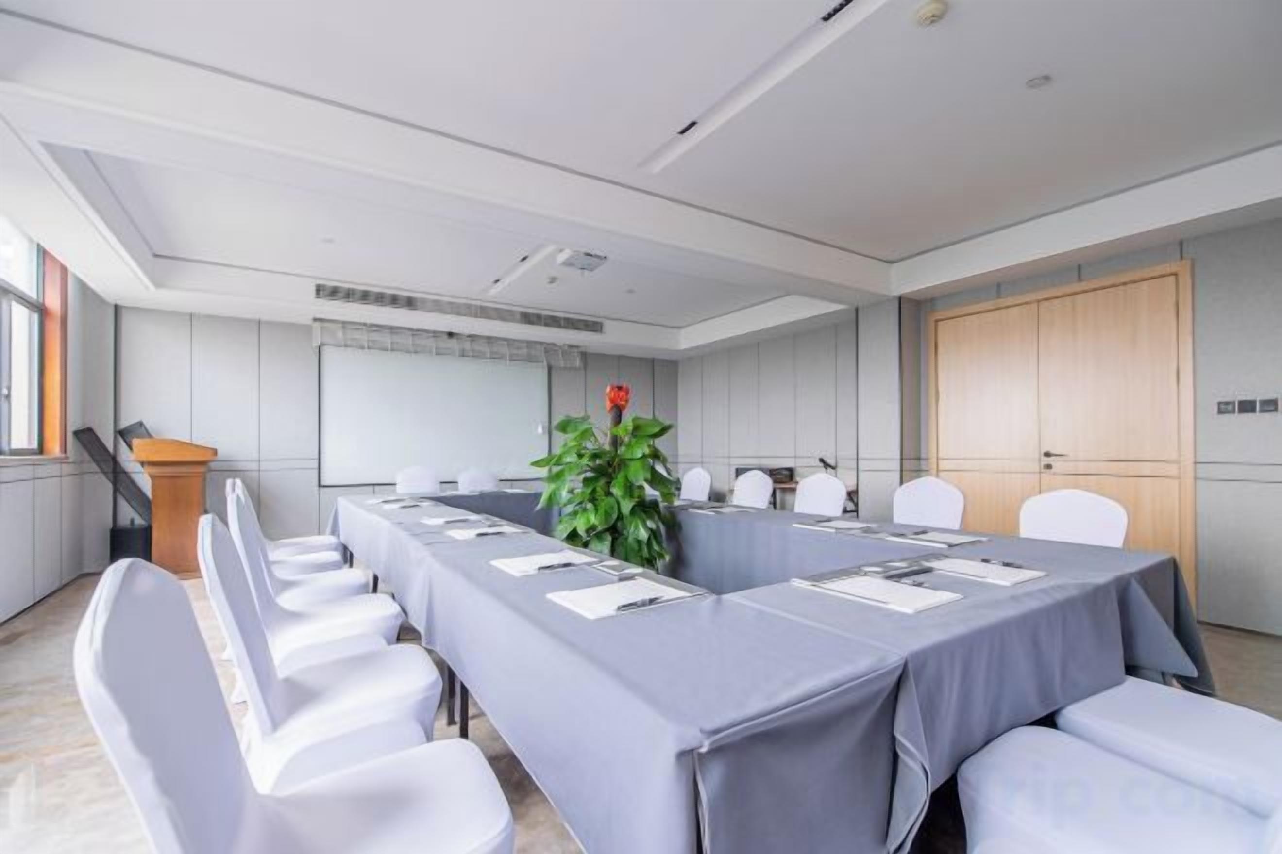 A conference room with a long table, chairs, a podium, and a plant.