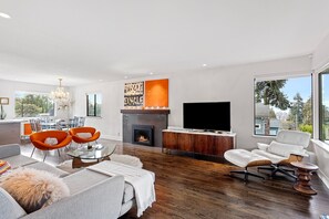 Smart TV, fireplace, books, music library