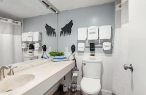 Hair dryer, towels, soap, toilet paper
